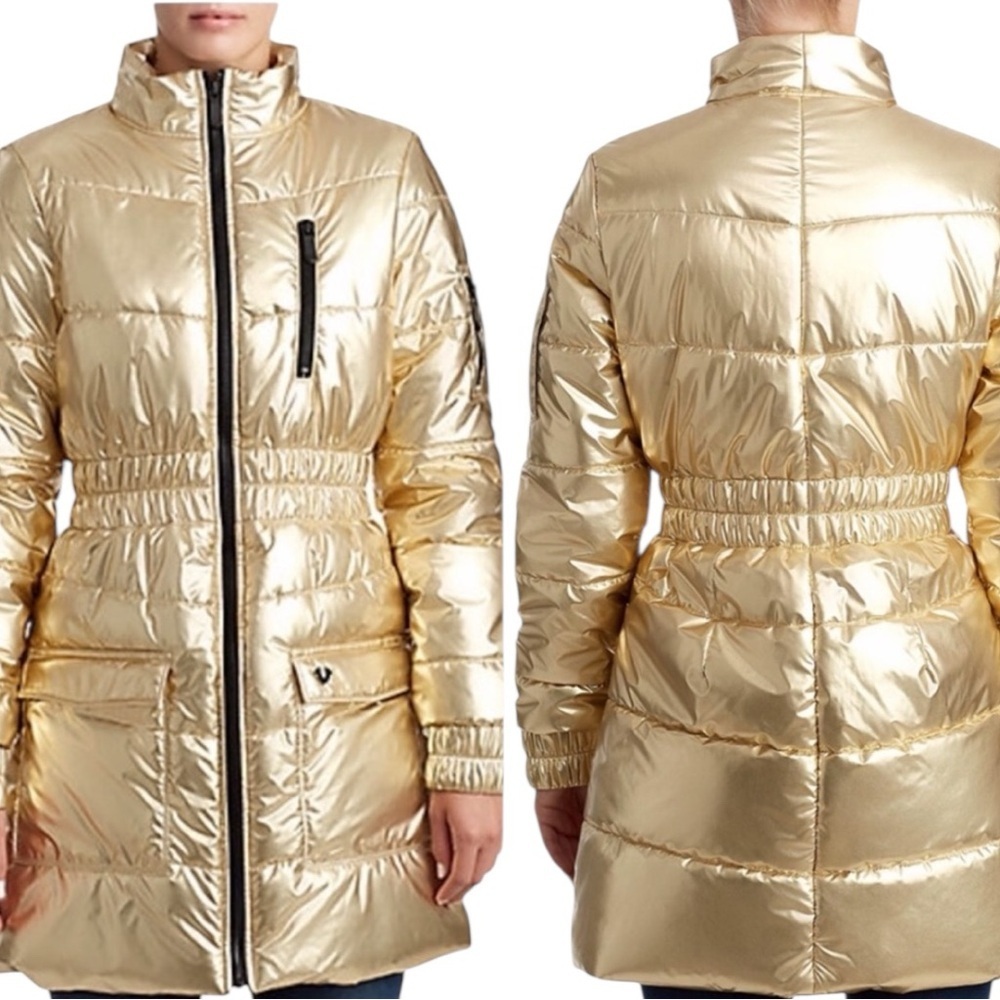 True Religion Gold Metallic Long Quilted Puffer Jacket Women’s Large